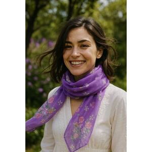 Silk Scarf Floral Print Purple‎ Lightweight Spring Summer 20x20